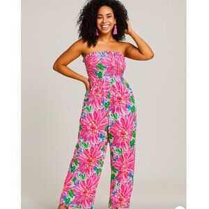 NEW Hot Pink Colorful Strapless Floral Wide-leg Jumpsuit